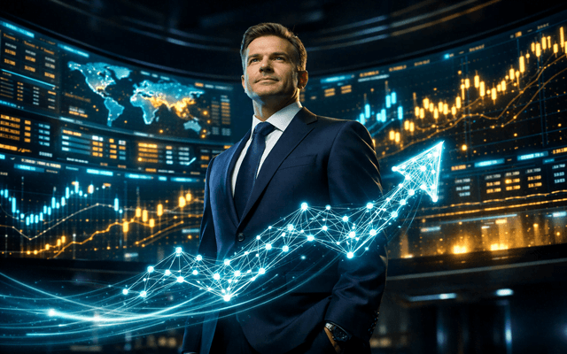 Líder empresarial visionario en centro de comando corporativo, rodeado de pantallas con datos de mercado cian y oro, con una flecha de tendencia ascendente holográfica sutil.