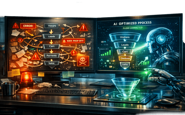 Vista de dos monitores de computadora uno al lado del otro, el izquierdo mostrando un diagrama de flujo de red complejo y el derecho un embudo de ventas digital detallado en neón verde y rojo.