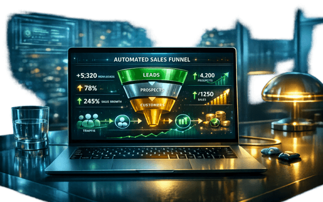 Laptop abierta mostrando un gráfico de embudo de ventas digital de neón verde y dorado brillante en una pantalla oscura con la ciudad de noche al fondo.
