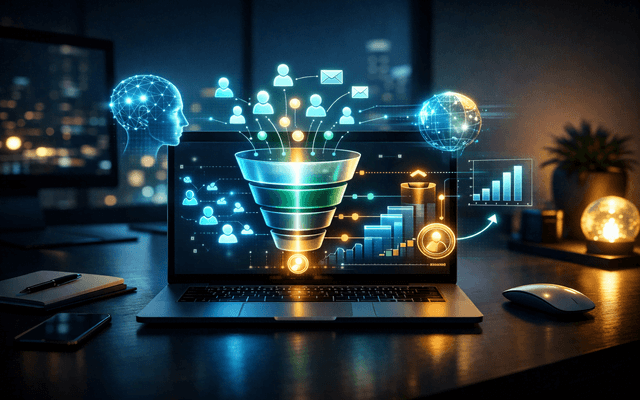 Escritorio moderno con laptop mostrando un embudo de ventas digital interactivo y gráficos de conversión.