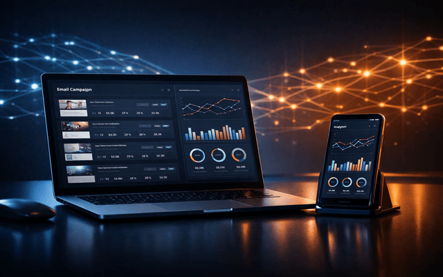 Laptop abierta con red holográfica de datos y sobres en escritorio minimalista.