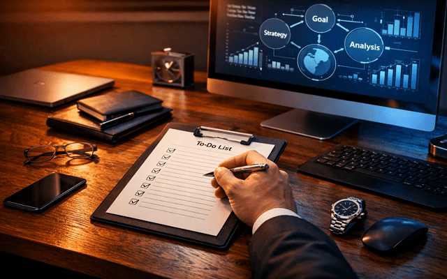 Una persona completando una lista de tareas pendientes ("To-Do List") con un bolígrafo en su escritorio, con una pantalla de fondo que muestra un esquema estratégico con las palabras Strategy, Email y Automations.
