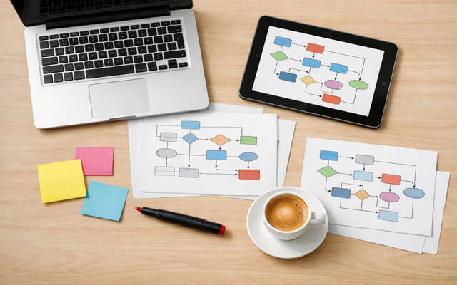 Escritorio con laptop y un diagrama de flujo de distribución de contenido en una tablet.