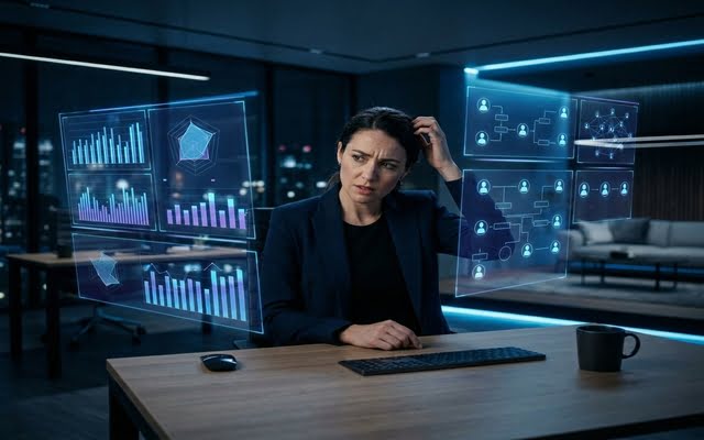 Persona observando múltiples perfiles de clientes generados por inteligencia artificial en pantallas digitales dentro de una oficina tecnológica.