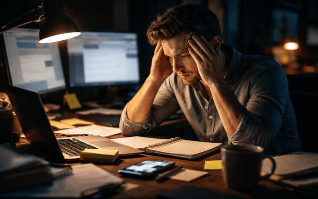 Hombre de negocios frustrado y estresado con las manos en la cabeza frente a la pantalla de la computadora en una oficina oscura por la noche.