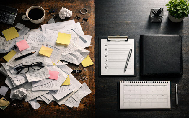 Comparativa visual de un escritorio desordenado lleno de notas adhesivas frente a un espacio de trabajo limpio con un cuaderno y una tablet organizada.