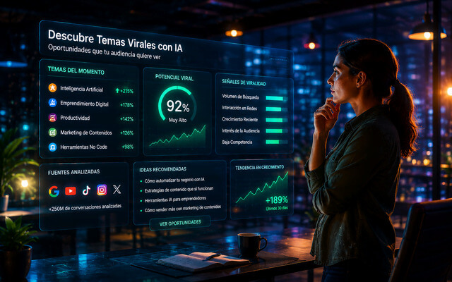 Emprendedora utilizando inteligencia artificial para analizar tendencias de contenido y detectar oportunidades de crecimiento digital.