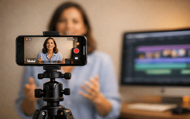 Mujer grabando un video con su celular en un trípode frente a un monitor de edición.