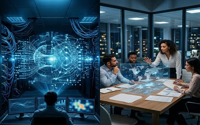 Comparación entre inteligencia artificial procesando datos y una persona tomando decisiones estratégicas en un entorno digital moderno.