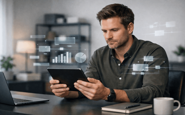Profesional analizando métricas de rendimiento y gráficos estadísticos en una tableta digital con superposiciones holográficas de datos.