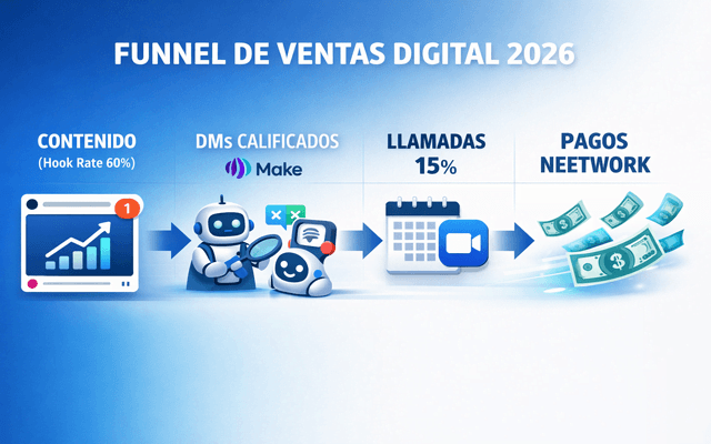 Diagrama explicativo de un funnel de ventas digital con etapas de anuncios, automatización de correos, webinars y facturación final.
