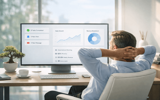 Un emprendedor relajado en su oficina mirando un monitor de computadora organizado con gráficos de barras y métricas de automatización de negocios.