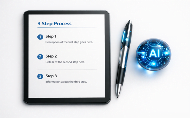 Una tablet blanca digital que muestra un listado estructurado de pasos operativos en texto (Step 1, Step 2, Step 3) junto a un bolígrafo y un ícono circular azul brillante que dice AI.