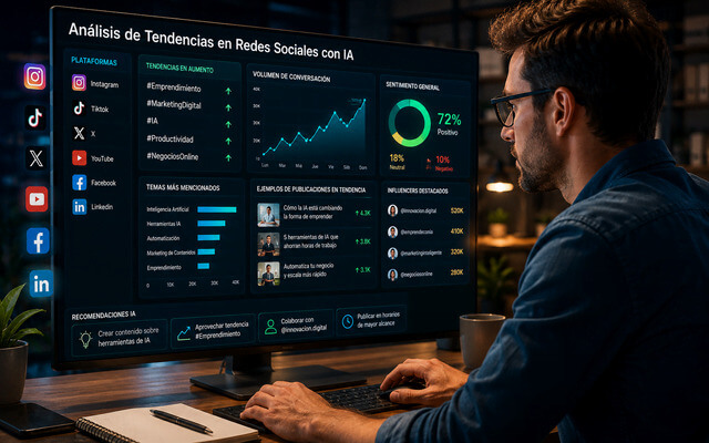 Análisis de tendencias en redes sociales con inteligencia artificial utilizando datos, métricas y patrones de comportamiento de usuarios.