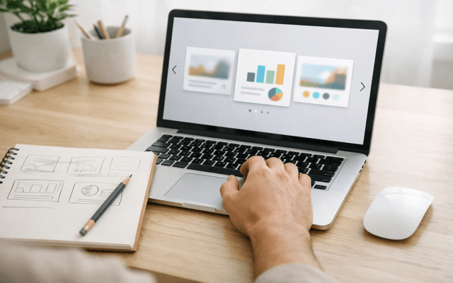 Manos trabajando en una laptop que muestra gráficos de métricas y datos de rendimiento.