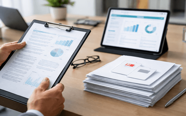 Escritorio minimalista con tablet, documentos y herramientas digitales relacionadas con automatización e IA.