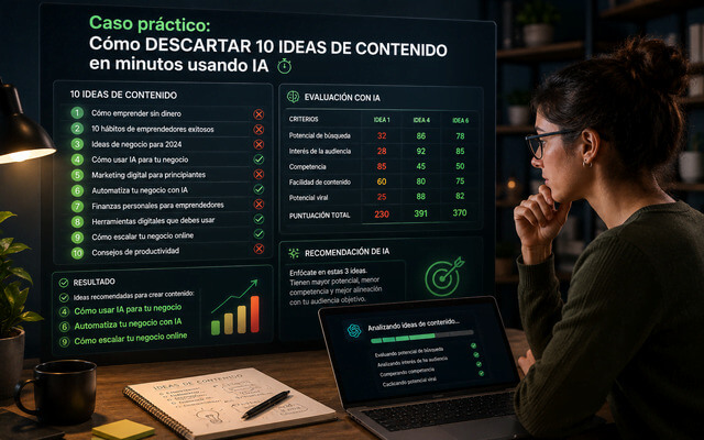 Profesional evaluando y descartando ideas de contenido con inteligencia artificial mediante análisis de tendencias, competencia e intención de búsqueda.