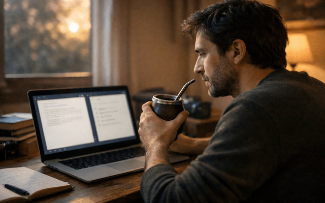Hombre escribiendo en su computadora portátil en un escritorio iluminado por el sol.