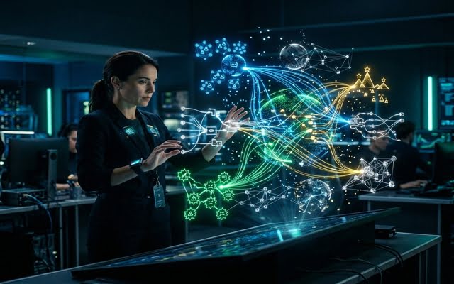 Inteligencia artificial analizando patrones y comportamientos de clientes mediante interfaces holográficas futuristas.
