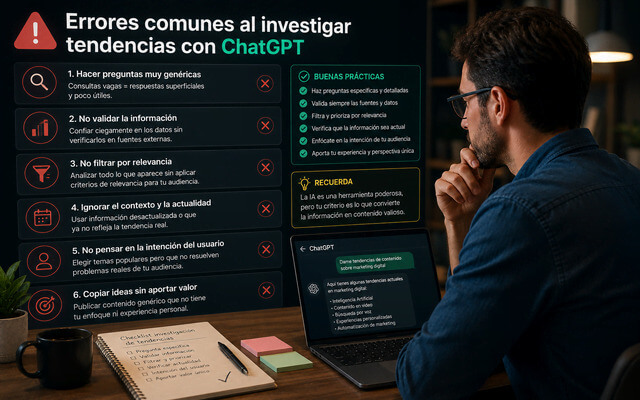 Profesional analizando tendencias con ChatGPT mientras revisa errores comunes de investigación, validación de datos y selección de contenidos.