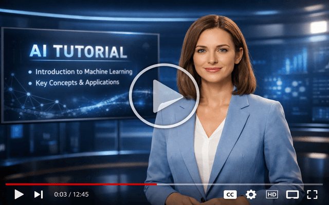 Captura de un reproductor de video con el título "AI TUTORIAL" que muestra a una mujer profesional de traje azul presentando una guía de automatización de procesos.