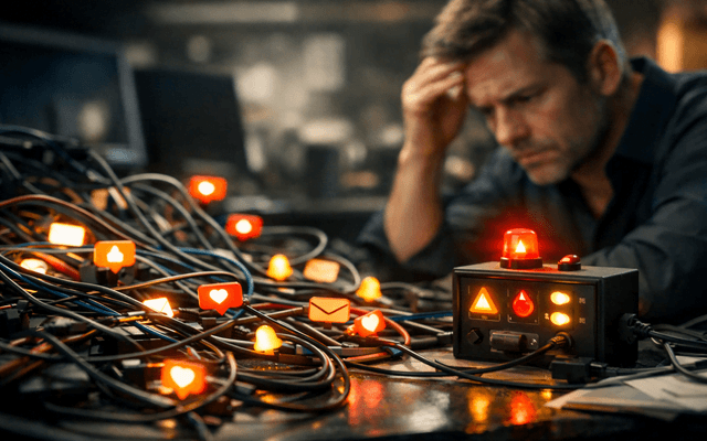 Hombre preocupado mirando un enredo de cables iluminados con iconos brillantes de redes sociales, notificaciones y correos, simbolizando la sobrecarga de información digital.