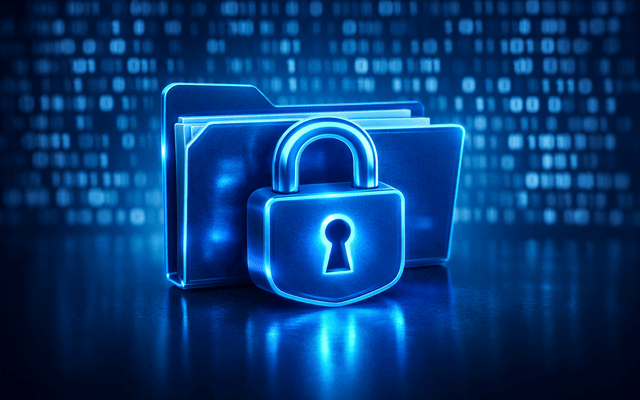 Representación digital en tonos azules de una carpeta de archivos protegida por un candado brillante, simbolizando la seguridad de la información corporativa.