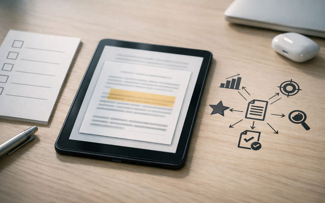 Tableta digital sobre un escritorio de madera que muestra un documento de texto con un párrafo resaltado en amarillo junto a iconos dibujados a mano de estrategia y crecimiento.