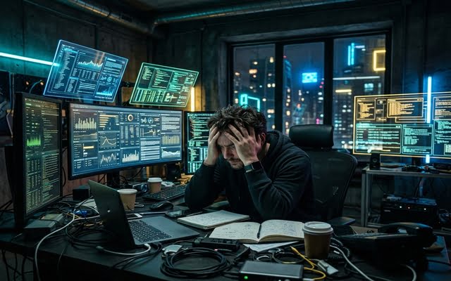 Usuario confundido frente a múltiples respuestas generadas por inteligencia artificial en pantallas digitales.