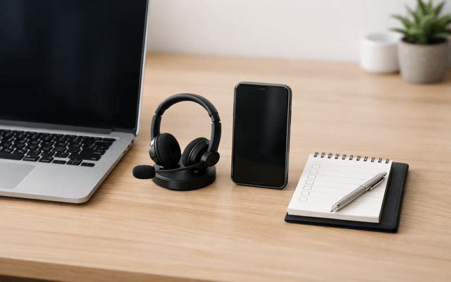 Escritorio ordenado con laptop, celular, auriculares y anotador de trabajo.