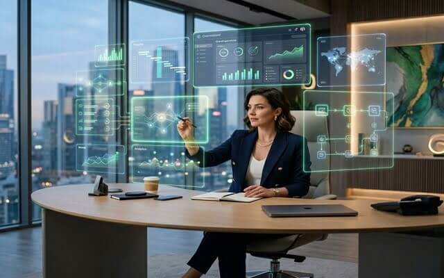Profesional utilizando inteligencia artificial para gestionar un negocio digital