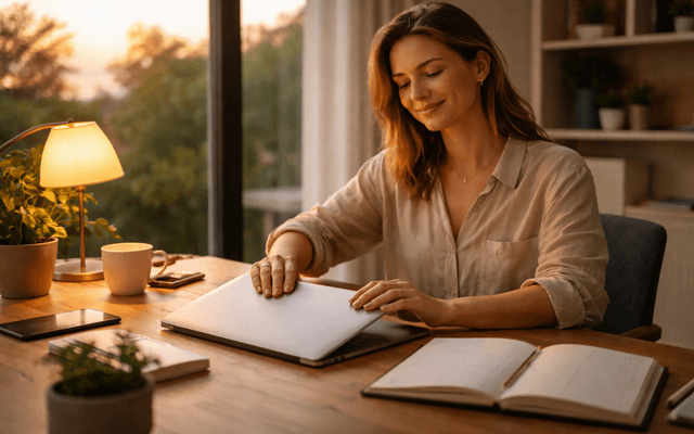 Emprendedora revisando y ordenando hojas de un guion en su mesa de trabajo.