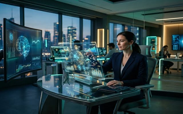 Emprendedor utilizando inteligencia artificial como apoyo estratégico para analizar clientes y mejorar decisiones de negocio.