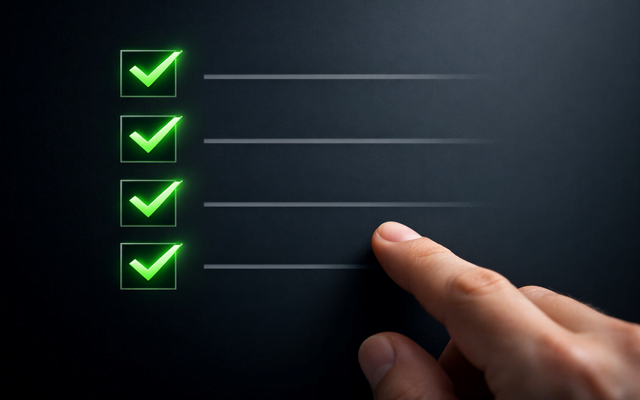 Primer plano de una mano presionando un botón digital iluminado con una marca de verificación verde (check) dentro de una lista de tareas pendientes.