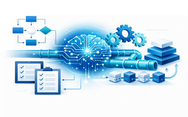 Ilustración digital en tonos azules sobre fondo blanco que representa la arquitectura de procesos con inteligencia artificial, mostrando un cerebro electrónico central conectado a diagramas de flujo, engranajes mecánicos, bloques de datos y listas de verificación de tareas.
