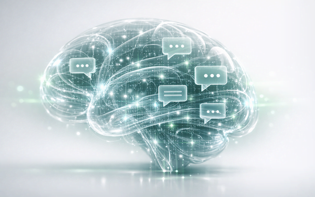Ilustración de un cerebro humano digital e hiperconectado con burbujas de diálogo flotantes, que representa el procesamiento del lenguaje y la inteligencia artificial.