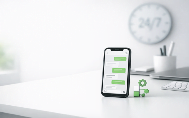 Un teléfono celular mostrando una interfaz de chat de WhatsApp Business sobre un fondo blanco corporativo y limpio con un reloj difuminado.