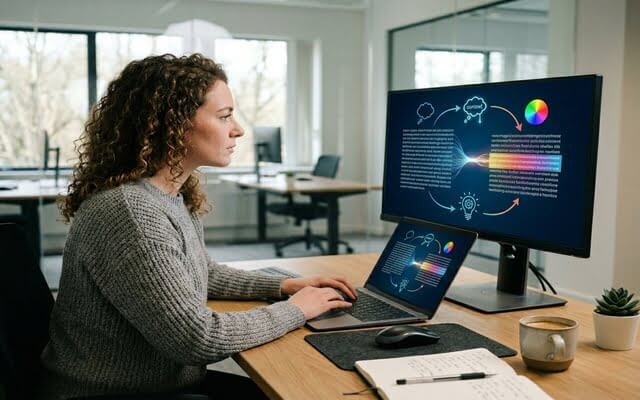 Una mujer sentada en una oficina moderna analizando datos gráficos en una pantalla y trabajando en su computadora.
