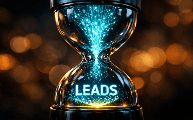 Reloj de arena iluminado con partículas azules y la palabra "LEADS" en la base.