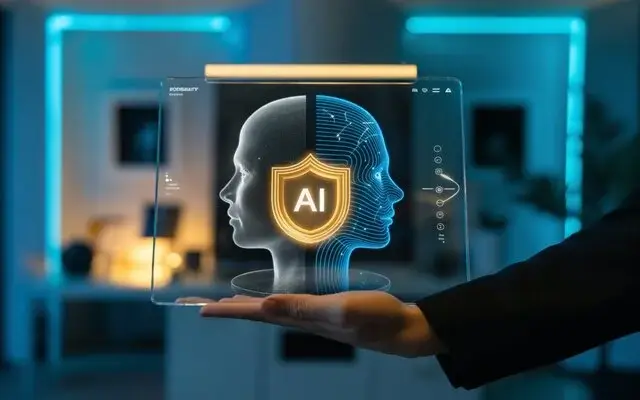 Pantalla transparente sostenida por una mano que muestra un perfil humano dividido (mente y circuitos) con un escudo de "AI".