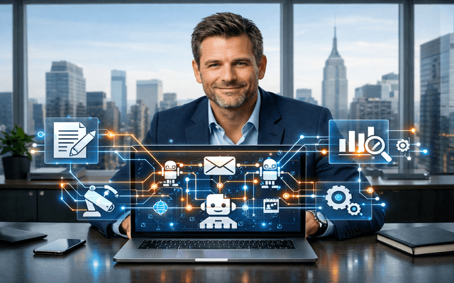 Ejecutivo con red de chatbots y laptop.