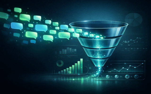 Gráfico de un embudo de ventas digital procesando datos flotantes y métricas comerciales en crecimiento mediante automatización con inteligencia artificial.