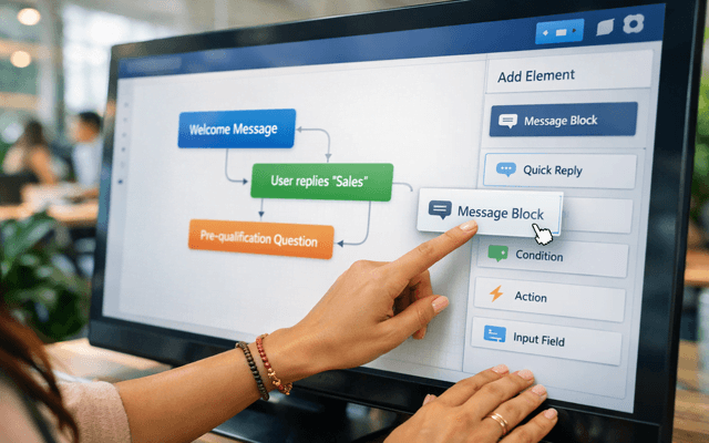 Una persona configurando un flujo conversacional automatizado de venta digital en una pantalla con bloques lógicos de mensajes.