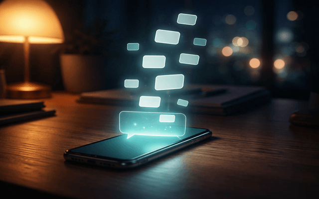 "Smartphone con notificaciones y asistente de IA para gestión de contenido"