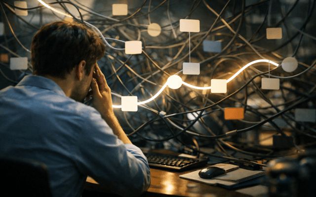 Profesional de espalda con las manos en la cabeza, abrumado frente a un fondo oscuro lleno de cables enredados y conexiones caóticas de datos.