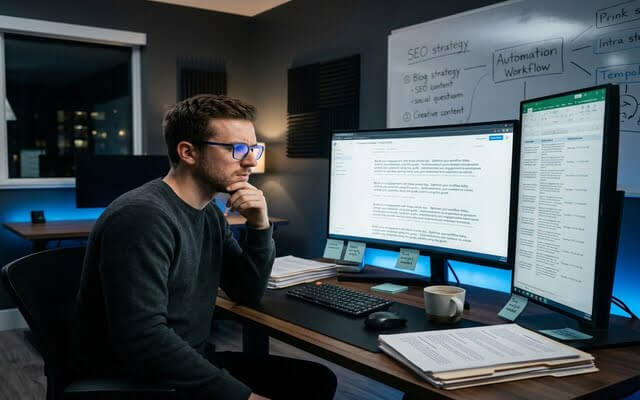 Un hombre con lentes enfocado frente al monitor de su computadora en una oficina iluminada de noche.