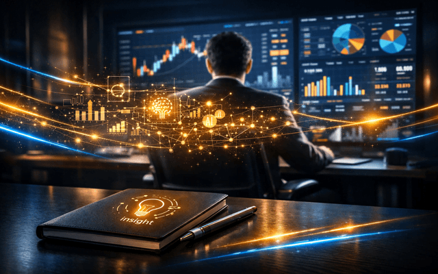 Vista desde atrás de un analista o inversor profesional frente a múltiples pantallas con paneles financieros complejos, gráficos de barras de criptomonedas o acciones y una red de datos holográfica dorada flotando en el espacio.