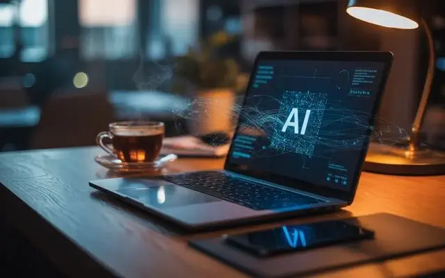 Laptop abierta que muestra las letras "AI" en un circuito azul, junto a una taza de café.