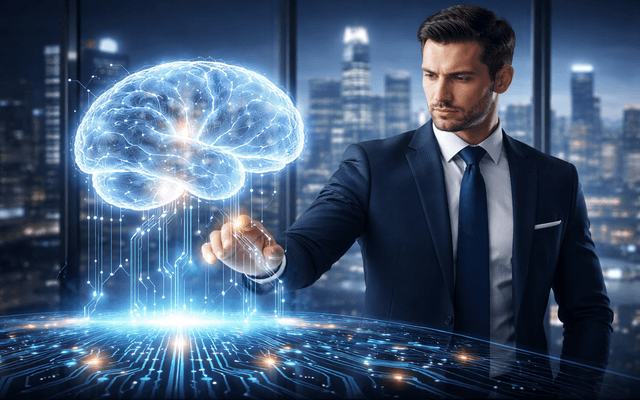 Hombre interactuando con cerebro digital holográfico.