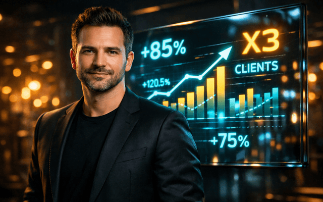Hombre sonriendo frente a pantallas con gráficos financieros ascendentes y la palabra